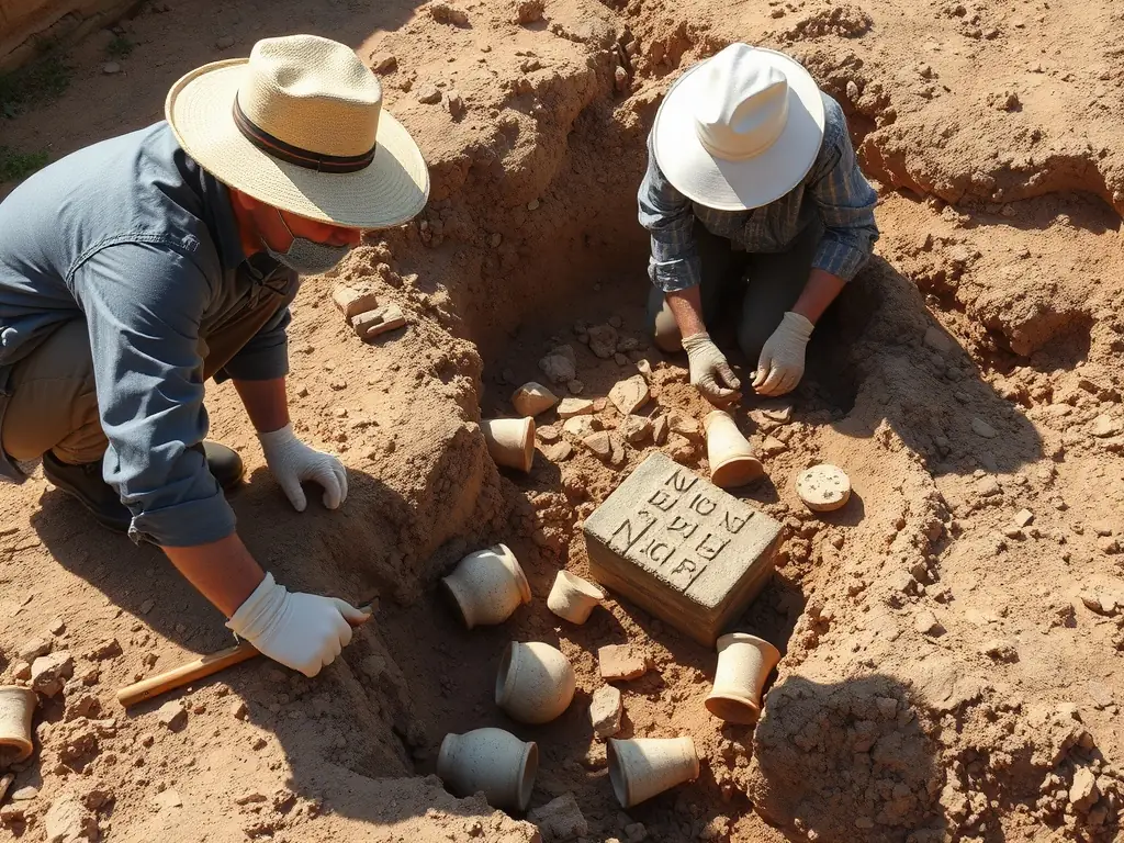 A photograph depicting archaeologists carefully excavating a section of the Gallo-Roman site in Lulune, showcasing the meticulous work involved in uncovering historical artifacts.