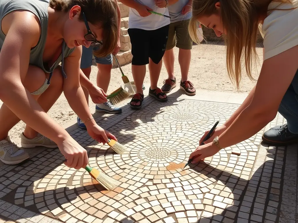 A photograph showcasing a group of volunteers working on the conservation of a mosaic floor at the Lulune site, carefully cleaning and restoring the ancient artwork. The scene highlights the delicate and skilled work involved in preserving cultural heritage.