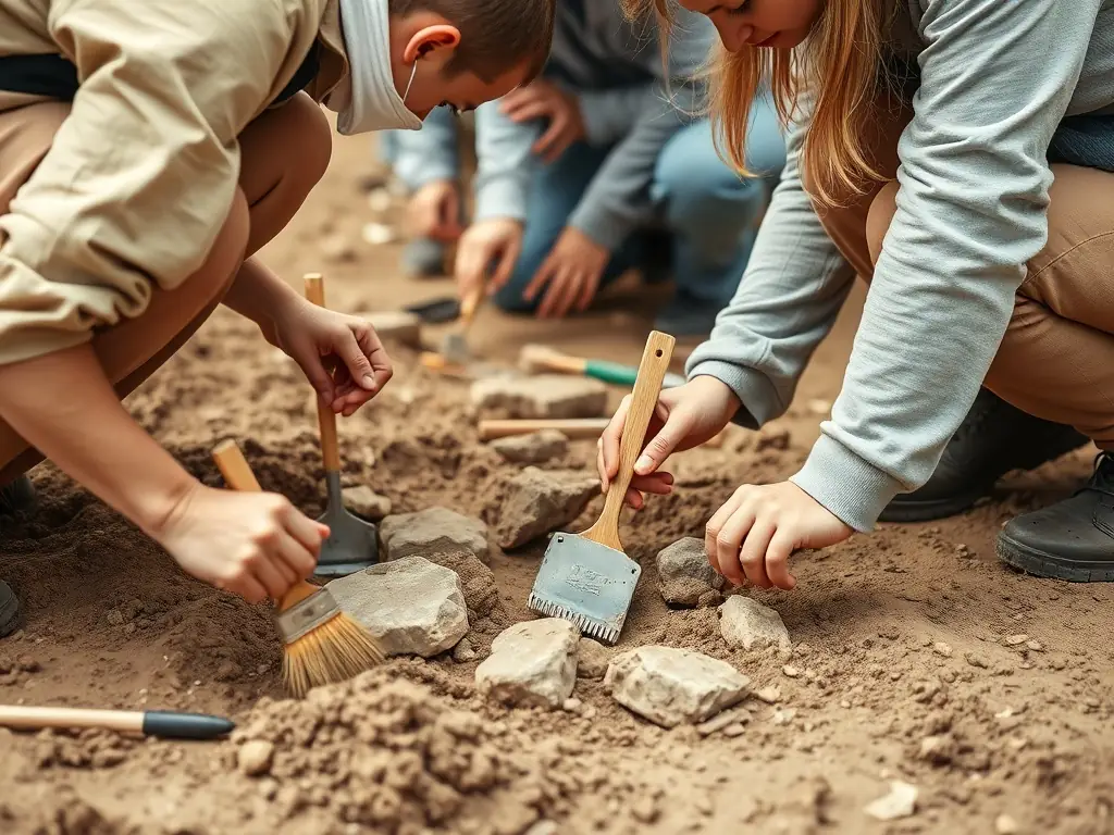 A photograph depicting volunteers carefully excavating a section of the Gallo-Roman site, showcasing the meticulous work involved in archaeological preservation.