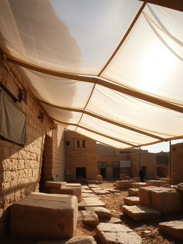 A photograph of a newly installed protective structure over a delicate section of the Lulune site, preventing weather damage.