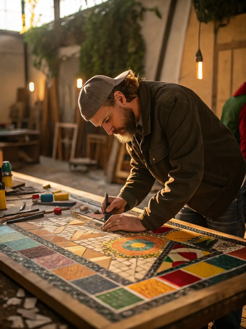 A photo showcasing a workshop where participants are learning about mosaic restoration techniques, with tools and colorful tiles visible.