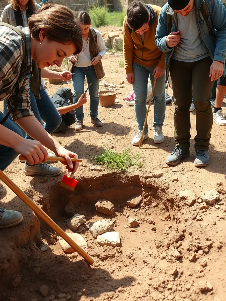 A photograph of volunteers carefully excavating a section of the Lulune site, revealing ancient Roman pottery shards.
