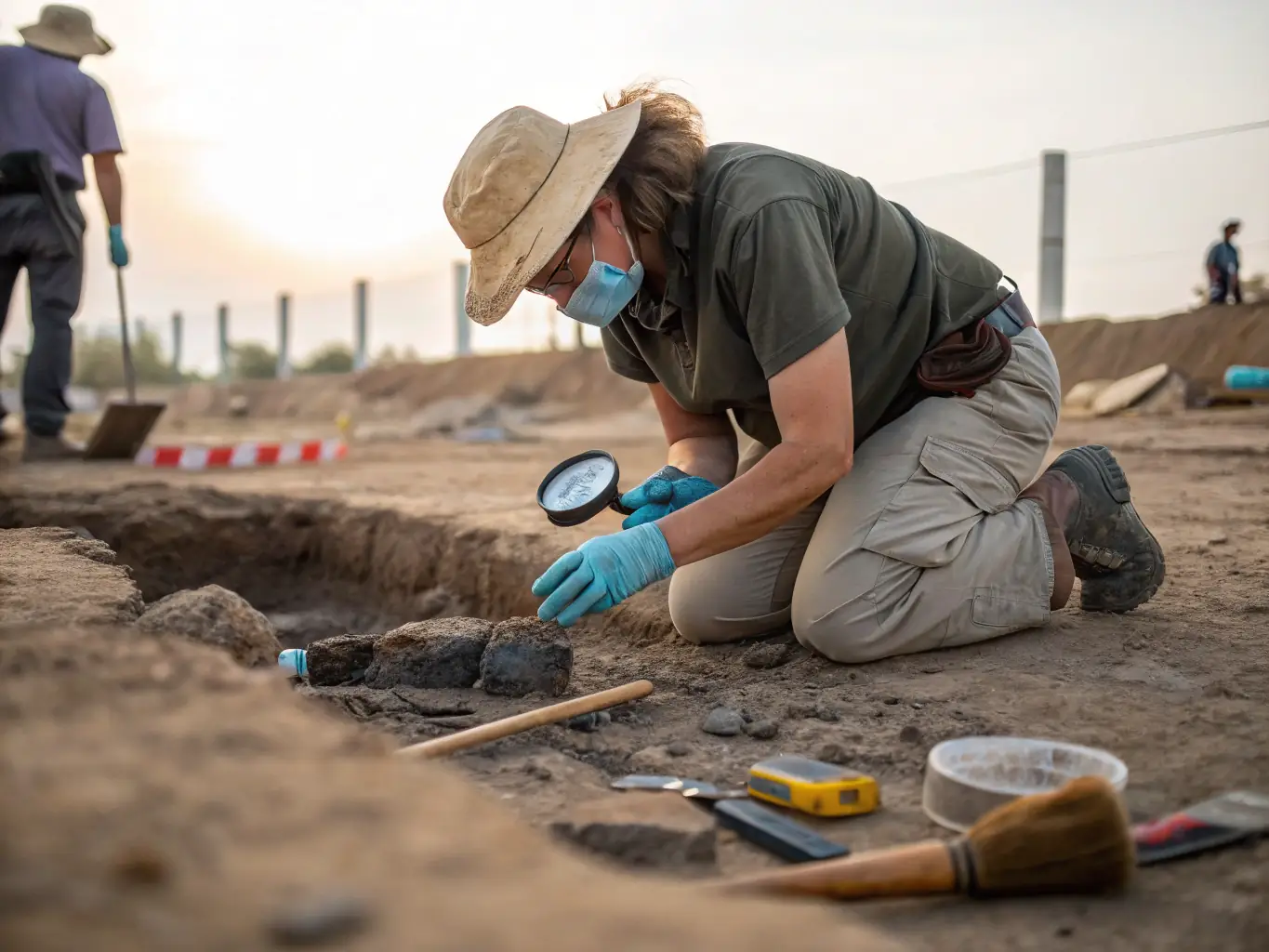 A photograph depicting volunteers participating in an archaeological dig at the Lulune site, carefully excavating artifacts under the supervision of an experienced archaeologist. The scene captures the excitement of discovery and the meticulous nature of archaeological work.